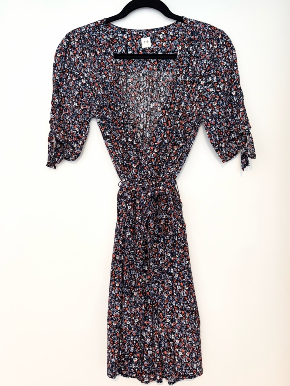 GAP Floral Midi Dress Small Tie Waist Short Sleeve Navy Red Boho